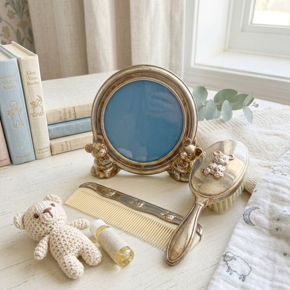 Vintage Silver Plated Baby Gift Set Teddy Bear Frame Brush Comb w/ Original Box